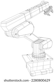 Brazo robot, maquinaria industrial. Marco de cable de ilustración técnica. Representación vectorial de 3d.