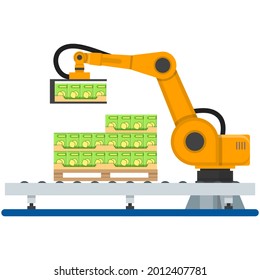 Robot arm industry vector. Juice factory machine technology icon. Mechanic hand illustration. Industrial mechanical line automation equipment with smart control equipment isolated on white background