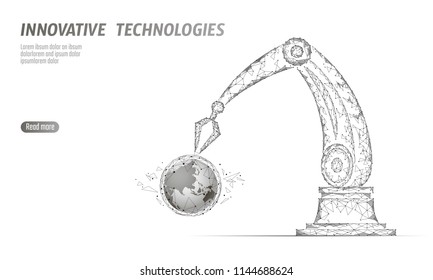 Robot arm low poly manipulator. Earth ecology construct assembly triangle shape. Polygonal connected dots 3D render robotic artificial machinery innovation technology hand vector illustration