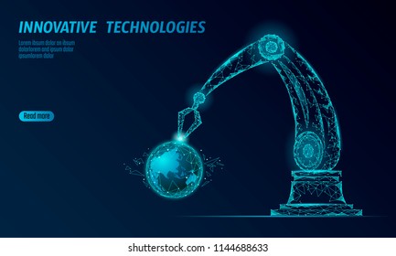 Robot arm low poly manipulator. Earth ecology construct assembly triangle shape. Polygonal connected dots 3D render robotic artificial machinery innovation technology hand vector illustration