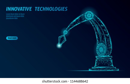 Robot arm low poly manipulator. Part construct assembly triangle shape. Polygonal connected dots 3D render robotic artificial machinery innovation technology hand vector illustration