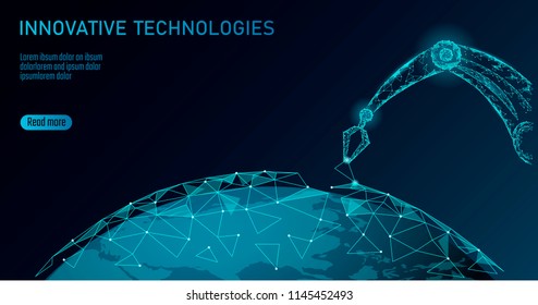 Braço robô manipulador de baixo poli. Ecologia da Terra construir forma de triângulo de montagem. Pontos conectados poligonais 3D renderização robótica de máquinas artificiais tecnologia de inovação mão vetorial ilustração