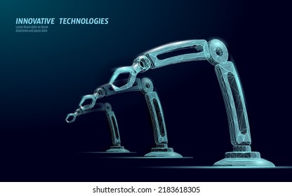 Manipulador de baja polilla del brazo robot. Forma triangular del conjunto de construcción de piezas. Pos conectados poligonales 3D transforman maquinaria robótica artificial tecnología de innovación vectorial mano ilustración vectorial