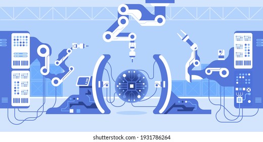 Robot arm machines create huge microchips or circuit. Modern robotic technology at automated production concept. Futuristic laboratory interior design. Vector illustration of science, tech industry