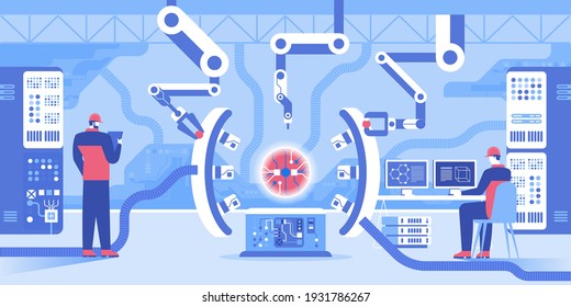 Robot arm machines create huge microchips, team of engineers control process on computer screens, collecting data. Futuristic laboratory interior design. Vector illustration of science, tech industry