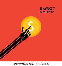 Robot arm with money illustration on red background