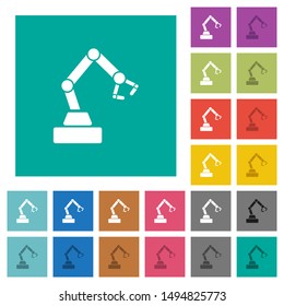 Robot arm multi colored flat icons on plain square backgrounds. Included white and darker icon variations for hover or active effects.