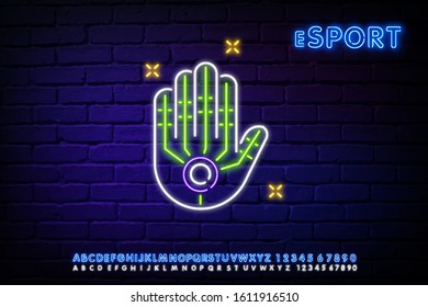 robot arm, neon sign prosthetic arm. eSports logo neon sign. Cyber hand neon icon. Elements of intelligence set. Simple icon for websites, web design, mobile app, info graphics