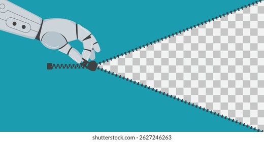 Robot arm opening zipper. Coming soon opening new business, store. AI chatbot help unlocking new shop or website. Grand opening. Cartoon banner template, place for text. flat vector illustration