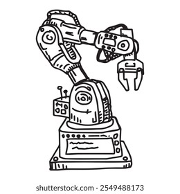 Ilustração do desenho do braço robô. Braço robótico simples, ferramenta útil em muitos processos de fabricação. Dispositivo mecânico inteligente e instrumento de montagem desenhado à mão sinal gráfico. Logo da máquina futurista.