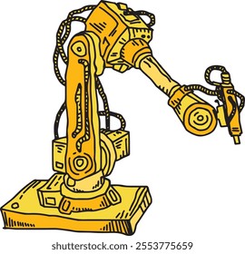 Robot arm outline illustration. Robotic arm in assembly process flat pen drawing decoration. Complex industry welding device for mass production flat cartoon pen drawing. Mechanical industry hand logo