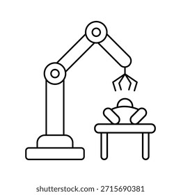 Braço de robô realizando cirurgia em um paciente deitado em uma mesa de operação. Conceito de cirurgia robótica, automação na medicina e tecnologia futura de saúde. Ilustração de linha de vetor