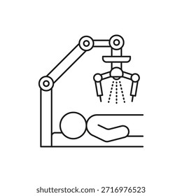 Roboterarm, der eine Operation an einem auf einem Operationstisch liegenden Patienten durchführt. Konzept der Roboterchirurgie, der Automatisierung in der Medizin und der zukünftigen Gesundheitstechnologie. Vektorliniengrafik