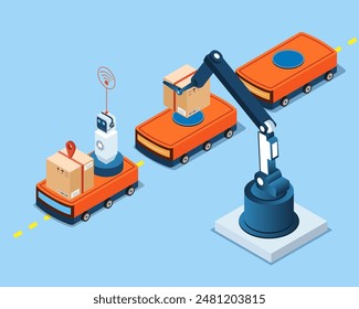 Robot arm picks up the box to Autonomous Robot transportation in warehouses. Automated Guided Vehicles (AGVs) and Autonomous Mobile Robots (AMRs) concept. Vector illustration EPS 10