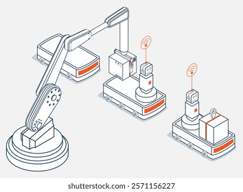 The Robot arm picks up the box to Autonomous Robot transportation in warehouses, Automation Industry 4.0 concept.