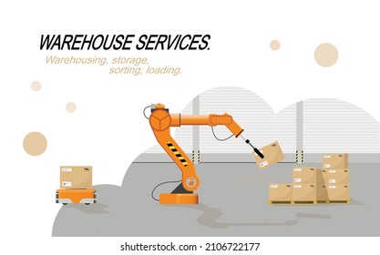 The Robot Arm Picks Up The Box From The Robotic Trolley And Stacks It On Pallets. Warehouse Automation Concept. Flat Vector Illustration.