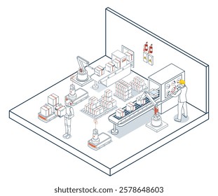 A robot arm picks up boxes in this warehouse automation concept, seamlessly handing them off to Autonomous Guided Vehicles (AGVs) for efficient transportation.