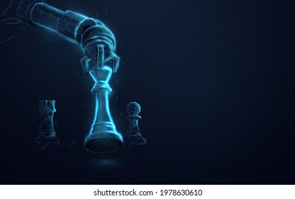 Robot arm playing chess. Artificial Intelligence, AI. Low poly, lines, triangles and particle style design. Vector illustration