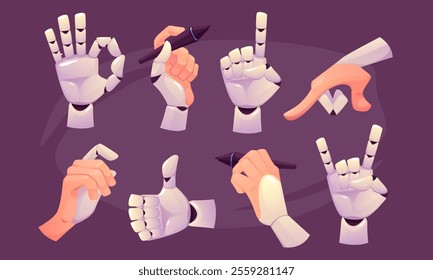 Robot arm. Prosthetic hand. Android part for handicapped. Cyborg AI technology. Innovative medicine. Metal palm. Automatic forefinger. Cybernetic prosthesis. Writing pen. Vector cartoon gestures set