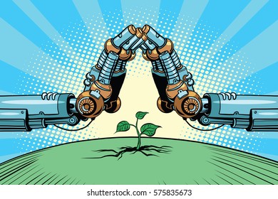 The robot arm protect green sprout, technology environment and n