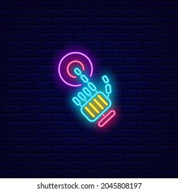 Robot arm push button neon icon. Exoskeleton and high tech technology. Cyberpunk concept. Night bright signboard. Outer glowing effect banner. Editable stroke. Isolated vector stock illustration