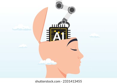 Robot arm put AI processing chip into human brain, AI, Artificial Intelligence to think like human, machine learning technology to calculate and solve problem, robot and automation innovation (Vector)