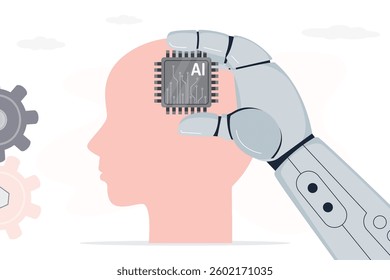 Robot arm put the chip into the brain, chatbot hand put AI processing chip into human head. Artificial Intelligence, robotic technology and automation innovation concept. flat vector illustration