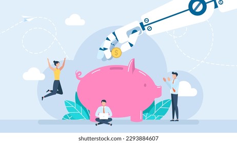 Robot arm putting golden coin money into savings piggybank. Artificial Intelligence. Robot Hand saving coin in the piggy bank. Automatic investment or savings. Ai saving money. Vector illustration