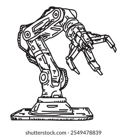 Robot arm ready for assembly and industry work, hand drawn outline illustration. Mechanic equipment for serial manufacturing symbol. Industrial electric crane for automatic manufacture cartoon logo.