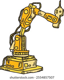 Robot arm with screwdriver ready for assembly and industry work hand drawn colored illustration. Mechanic and industry equipment. Industrial electric automatic crane cartoon outline, yellow color logo