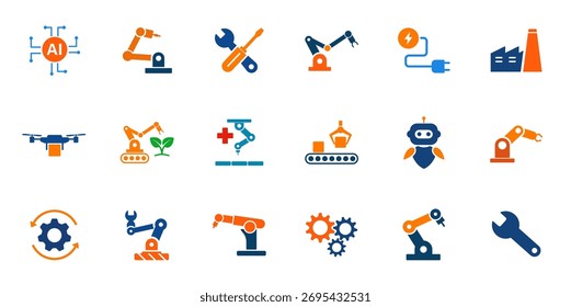 Conjunto de iconos temáticos de brazo de robot. Iconos vectoriales sólidos para la automatización y la industria.
