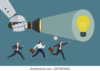 Robot arm uses flashlight illuminating light bulb. Chat bot with AI help create new ideas, brainstorming. Business people or students run to opportunities. Right direction of company development.
