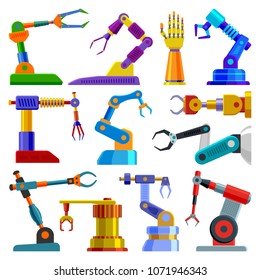 Robot arm vector robotic machine hand technology equipment illustration set of robotechnic engineer character in industry isolated on white background