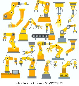 Robot arm vector robotic machine hand indusrial equipment in manufacture illustration set of engineer character of robotechnic in industry isolated on white background