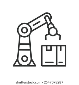 Robot Arm Warehouse Automation, icon in line design. Robot, arm, automation, warehouse, technology, industry, machine on white background vector. Robot Arm Warehouse Automation editable stroke icon