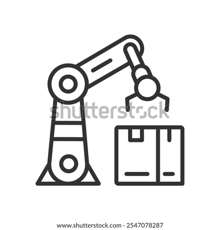 Robot Arm Warehouse Automation, icon in line design. Robot, arm, automation, warehouse, technology, industry, machine on white background vector. Robot Arm Warehouse Automation editable stroke icon