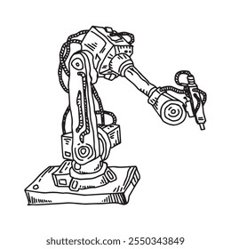 Robot arm as a welding machine vector contour drawing illustration. Complex machine for factory assembly and mass production hand drawn logo. Smart modern manufactory device outline pen drawing detail