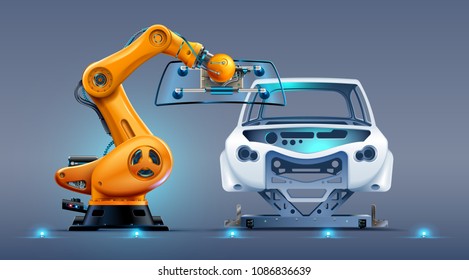 robot arm work on car factory or manufacturing line. Robotic hand attaches windshield or glass on car body. Industrial automation production automobile.