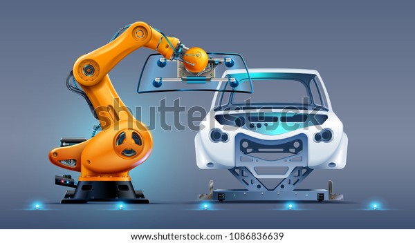 robot arm work on car factory or\
manufacturing line. Robotic hand attaches windshield or glass on\
car body. Industrial automation production\
automobile.