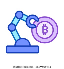 Robot Arm Working with Bitcoin representing Ai investment Automation Cryptocurrency Trade Tool on Blockchain Technology, Auto Mechanical Production Factory. Outline Colors Editable Stroke Vector Icon.