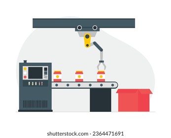 Robot arm works packaging food products, automatic smart machine, vector illustration.