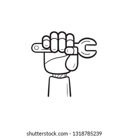 Robot arm with wrench hand drawn outline doodle icon. Machine repair, artificial intelligence concept. Vector sketch illustration for print, web, mobile and infographics on white background.