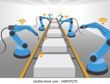 robot arms and conveyor belt, Factory automation, Industry 4.0, Internet of Things, vector illustration