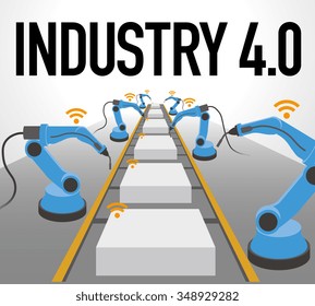 robot arms and conveyor belt, Factory automation, Industry 4.0, Internet of Things, vector illustration