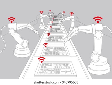 robot arms and conveyor belt, Factory automation, Industry 4.0, Internet of Things, line drawing illustration