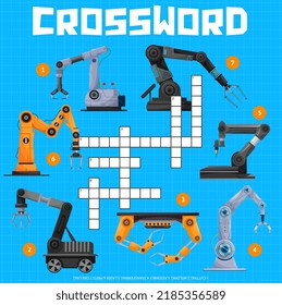 Fábrica de armamento robot, cuadrícula cruzada o búsqueda de juego de preguntas y respuestas, hoja de cálculo vectorial. Rompecabezas de cruz para adivinar palabras de brazos de robot industrial o máquina hidráulica mecánica y manos robóticas