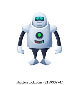 Robot with arms, and green button on body isolated kids toy. Vector plastic robot, sci-fi hi-tech machine, artificial intelligence.  automation full length futuristic character, cyborg humanoid
