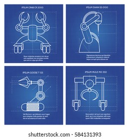 Robot arms line art design. Vector blue robotic armed machines cards