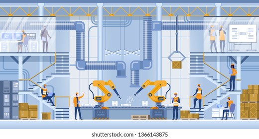 Robot arms machine in intelligent factory industrial on monitoring system software. Production line with workers, automation and user interface concept. Smart industry 4.0 