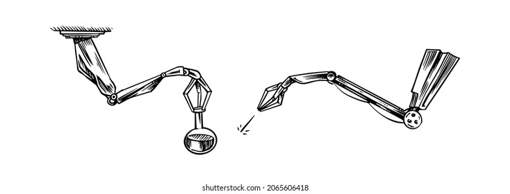 Robot arms. Manufacturing automation technology for Car factory emblem. Manufacturing tech machines. Modern Automatic industry. Engraved hand drawn old sketch.